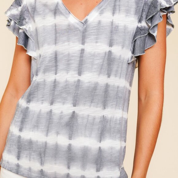 HEM & THREAD Deep Purple Tie-Dye Flutter Sleeve Top, V-Neck Soft Knit Ruffle - Picture 4 of 5